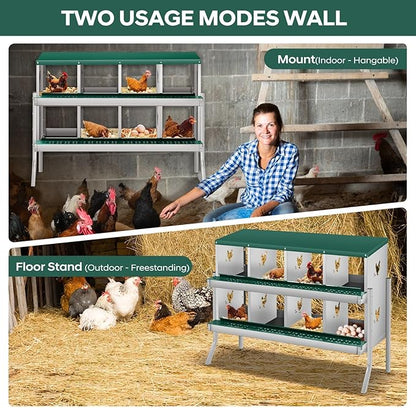 Nesting Boxes for Chickens, 8 Compartments, Nesting Boxes with 4 Dummy Eggs and 10 Dampproof Pets Mats, Green, Stainless Steel, Wall-Mountable & Roll Away Design with Stand