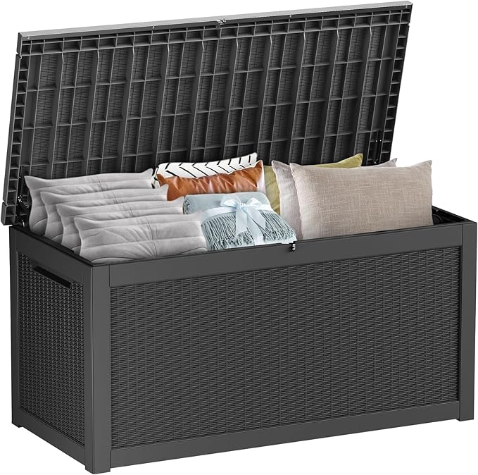 320 Gallon Waterproof Black Deck Box, Lockable Resin Storage Box for Patio Furniture Cushions Garden Tools and Outdoor Delivery Storage