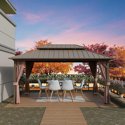 12'x16' Hardtop Gazebo, Outdoor Aluminum Frame Galvanized Steel Double Roof Pavilion with Netting and Shaded Curtains, Permanent Metal Pergolas for Patio, Backyard, Deck and Lawns.