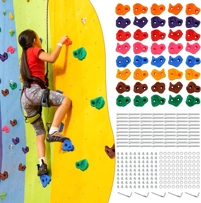 Meooeck 40 Pcs Rock Climbing Holds Set for Kids with Mounting Screws and 2 Wrenches, Mix Colored Climbing Rocks DIY Wall Grip Kits for Outdoor Indoor Playground Backyard Play Set