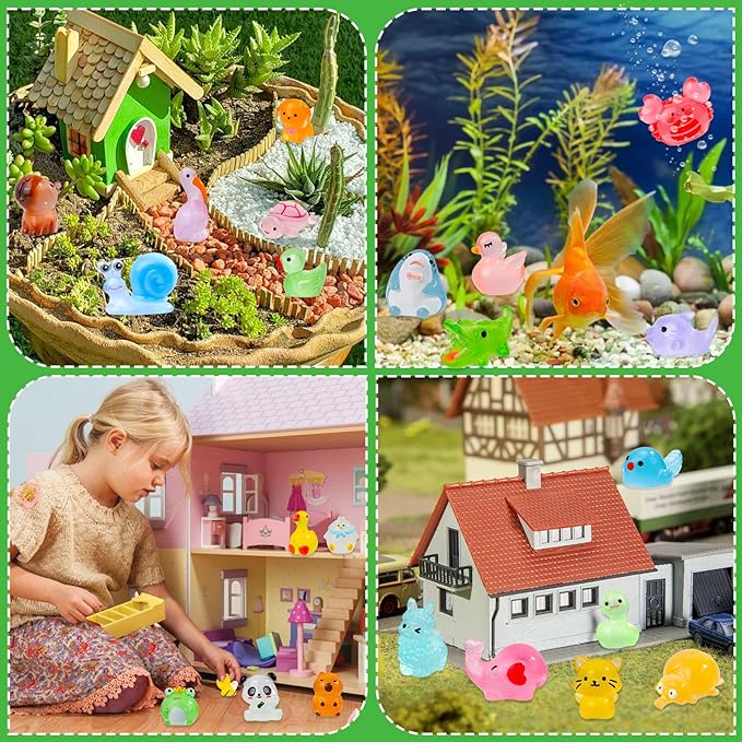 80 Pcs Luminous Mini Resin Animals 80 Styles Tiny Little Glow in The Dark Animal Figures to Hide Miniature Ducks Figurines for Party Favors DIY Fairy Garden Dollhouse Micro Landscape Aquarium Decor