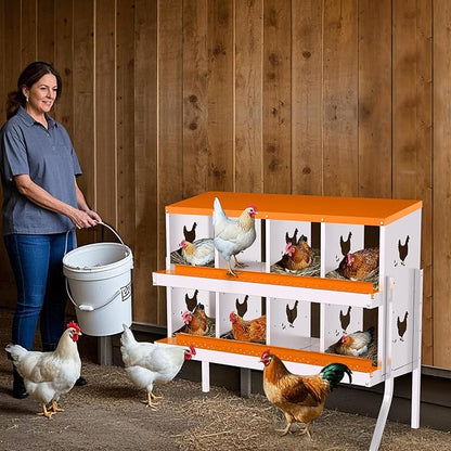 Nesting Boxes for Chickens, Chicken Coop Laying Boxes for Hens with Egg Rollaway System to Protect Eggs, 6/8/10-Hole Galvanized Steel Chicken Nesting Boxes Backyard Farm, Easy to Clean