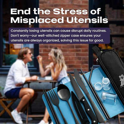 Taplord Portable Travel Silverware Set With Case, Includes 10 Pcs of Travel Utensils With Case, Stainless Steel Flatware Set For Camping, Lightweight (Black)