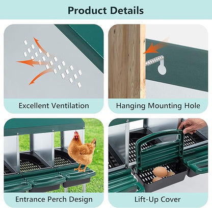 Chicken Nesting Box, 4 Compartment Roll Out Hens Nest Boxes with 4 Legs, Chicken Laying Box w/Lid Cover for Outdoor Chicken Coop Cages Farm Yard, Green (4 Holes w/Legs)