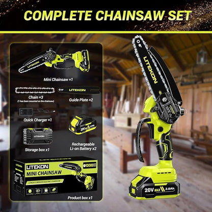 Mini Chainsaw High Power with 1000W Motor, 36 FT/S Cordless Power Chainsaw with Auto-Oil System, 2025 Upgraded 6Inch 20V Electric Chain Saw with 2x2000mAh Battery & Quick Charger, 3 Chains