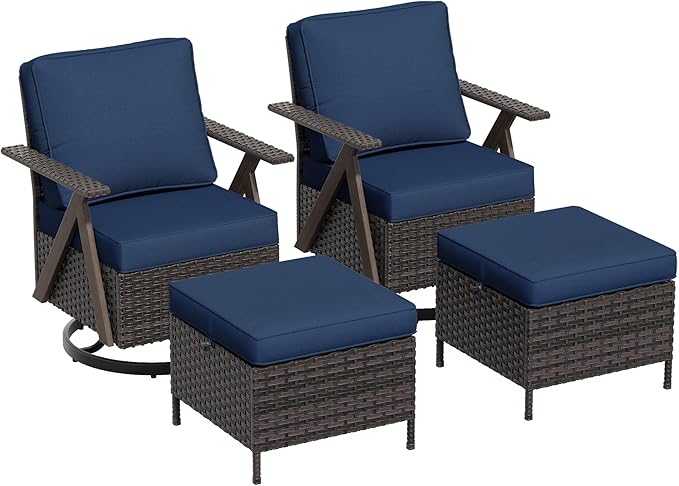 Outdoor Swivel Rocker Chairs Set of 4, Wicker Swivel Patio Chair with Ottomans, Patio Furniture Set for Outside Backyard