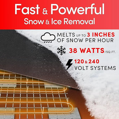 Electric Snow and Ice Melting Underground Cable 43 feet, Covers 14 sqft at up to 38 Watts/sqft, 120V – Radiant Heated Driveways, Walkways, Stairs – Installs Under Concrete, Asphalt, or Pavers