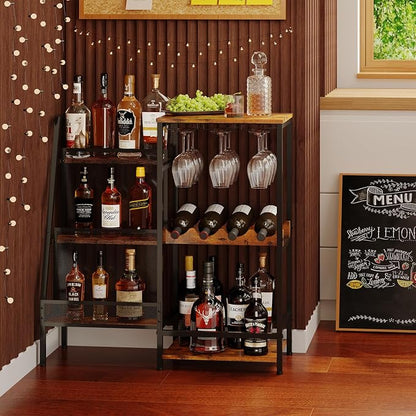 Versatile Liquor Stand for Home Bar, Wine Rack Freestanding Floor, Mini Bar Table for Liquor Whiskey Wine, 3-Tier Trapezoidal Liquor Bottle Display Shelf with Glass Holder and Fences(Patent Pending) | 3-Tier Display, 3 Glass Holder Rows, 4-Bottle Rack:...