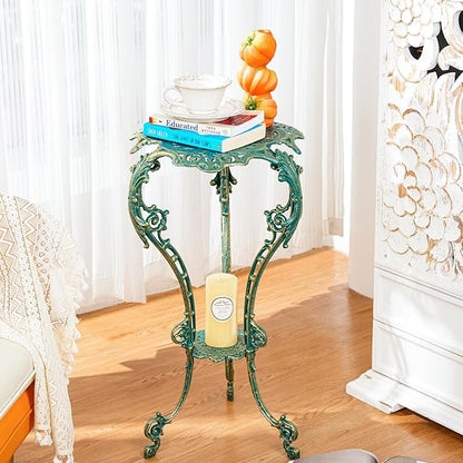 Sungmor Vintage Cast Iron Plant Stand - Ornate Green Pedestal Table for Indoor Outdoor Garden, 27.5" Antique Metal Flower Pot Holder, Victorian Style Plant Display Stand - Patio, Porch, Balcony Décor
