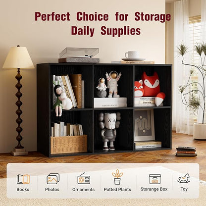 Book Shelf, Wooden Cube Storage Organizer with 11" Open Cubes, Stackable Modular Bookcase for Room Divider Storage, 2 Tier Bookshelf for Living Room, Bedroom, Office (Black, 6-Cube)