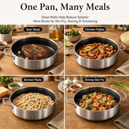 DELARLO Tri-Ply Stainless Steel 7QT Saute Pan 12 Inch Deep Frying Pan with lid Nonstick, Induction Compatible Chef Cooking Pan