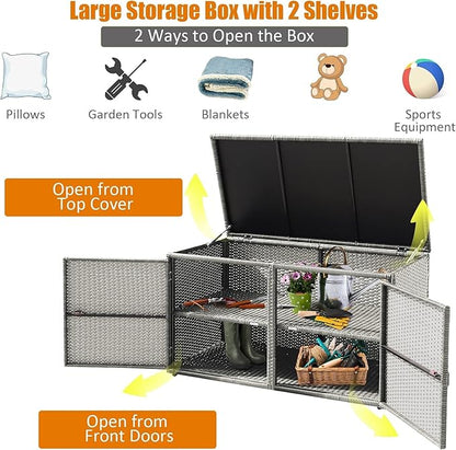 HAPPYGRILL Deck Box Outdoor Patio Pool Storage Box Outside Rattan Wicker Storage Bin Cabinet with Steel Frame Shelf for Garden Balcony Porch Yard Furniture Tools