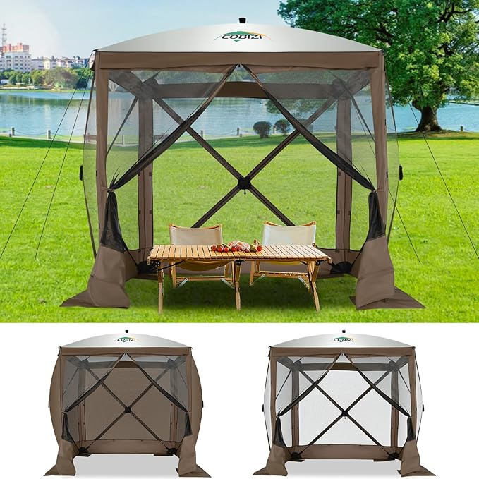 COBIZI 6x6 Pop up Gazebo Tent on Clearance, Ez up Waterproof Screen Tent Screen House with 3 sidewalls,Portable Outdoor Canopy with Carry Bag & Ground Stakes for Camping,Garden and Picnics, Brown