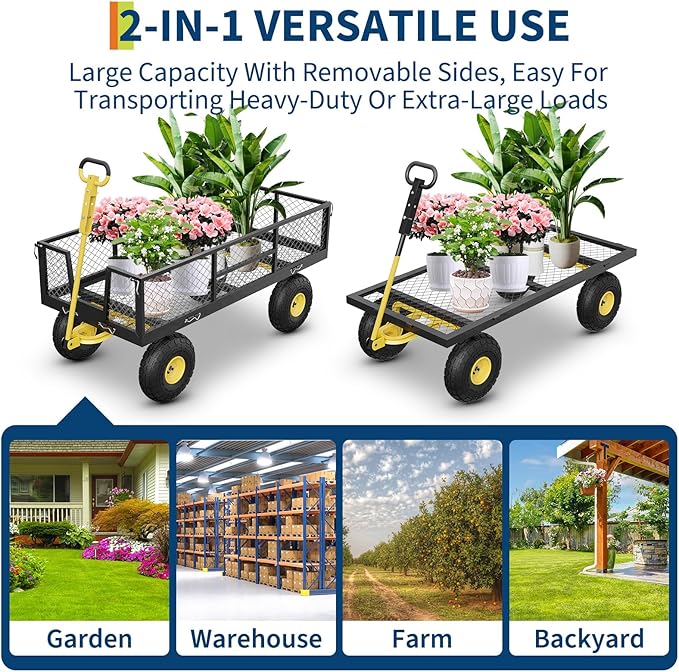 GarveeLife 900 LBS Garden Cart on Wheels with Adjustable Handles, Heavy Duty Steel Garden Wagon with Removable Mesh Sides to Convert into Flatbed, Wagon Cart for Lawn Farm Yard