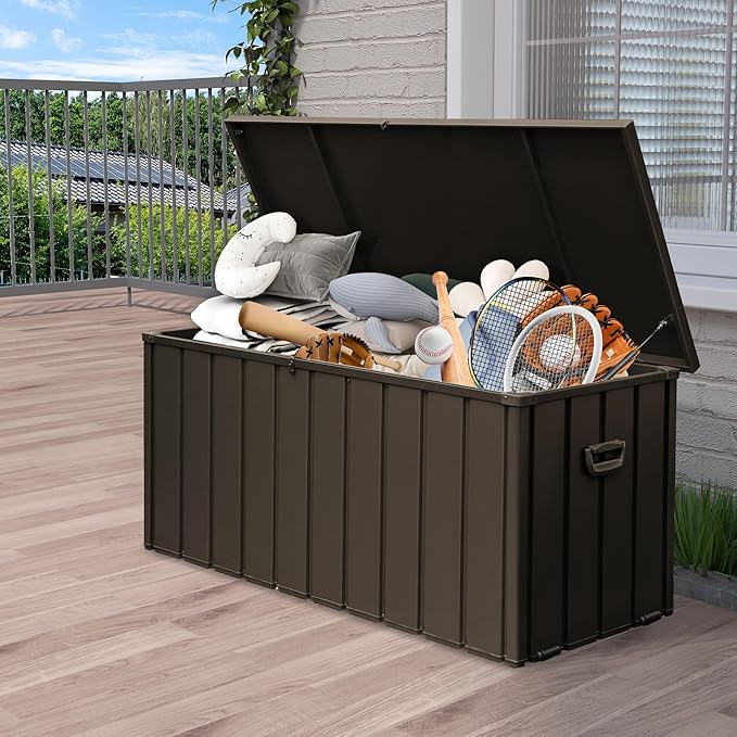 Metal Outdoor Storage Box,160 Gallon Waterproof Large Deck Box, Lockable Heavy Duty Home and Outside Storage Cabinet/Bin Container for Patio/Poolside/Backyard Cushions, Pillow -Brown