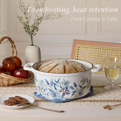 CAROTE 5QT Enameled Floral Cast Iron Dutch Oven Pot with Lid | Sourdough Bread Baking with Cotton Potholders & Oven Gloves, Gift Box, Cookware for Braising, Oven Safe up to 500° F