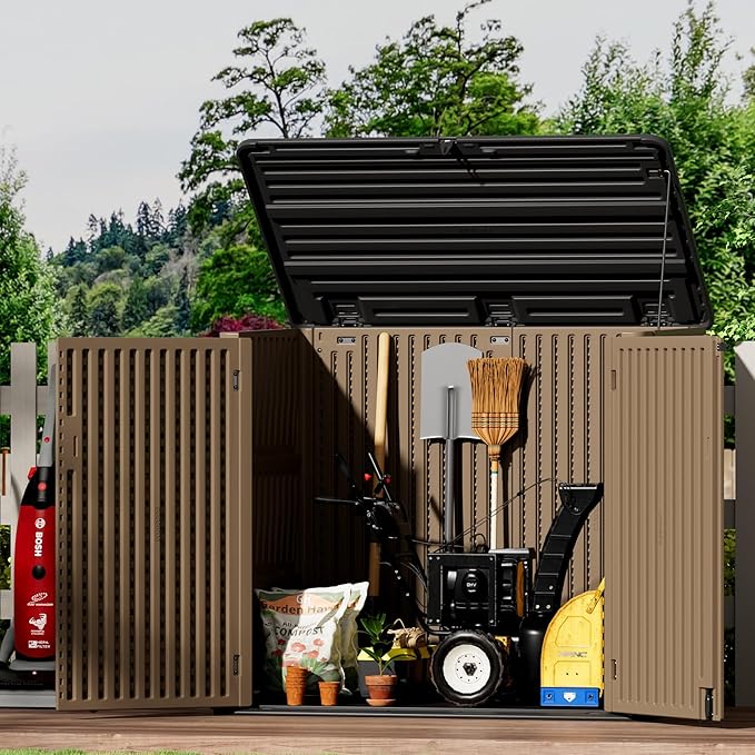 Resin Outdoor Storage Shed, Outdoor Storage Box Waterproof for Garden Tools, Patio Furniture, Trash Cans, Garage Storage, Lockable