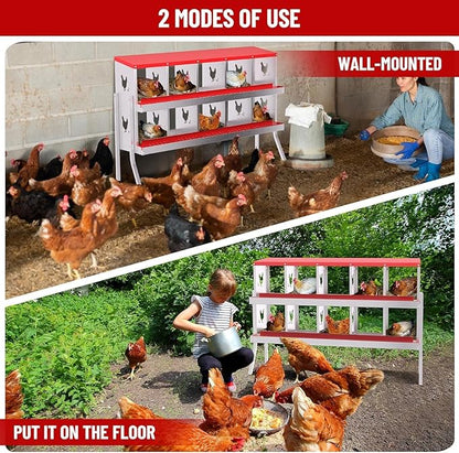 TrailBlaze 10 Compartment Chicken Nesting Box with Metal Legs, Chicken Egg Laying Boxes with Rollout Egg Collection, Large Vented Holes Chicken Coop for Chickens, Hens (Red)