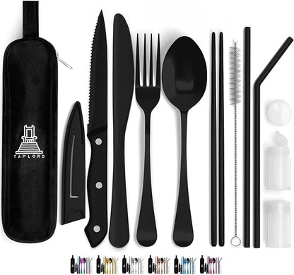 Taplord Portable Travel Silverware Set With Case, Includes 10 Pcs of Travel Utensils With Case, Stainless Steel Flatware Set For Camping, Lightweight (Black)