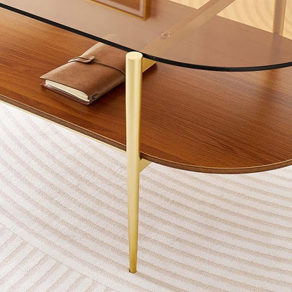 Oval Glass Coffee Table, Mid-Century Modern Design, L41 x W21 x H17 inch, for Living Room, 2-Tier Structure, Amber Glass Top and Walnut Finish Wood Shelf, Conical Legs with Gold Finish Frame