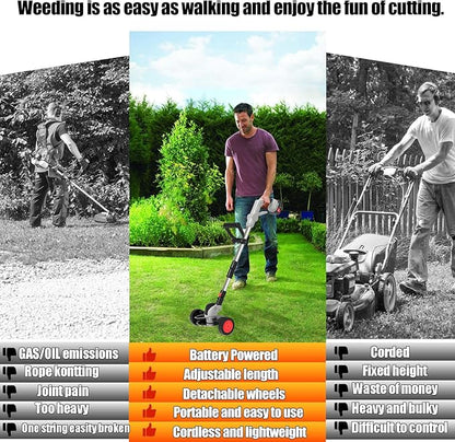 Electric Weed Wacker Cordless Eater Battery Powered Eater Lightweight Edger Portable Stringless Grass Trimmer/Lawn Mower/Brush Cutter, with 3 Types Blades & Wheels for Yard and Garden-Grey