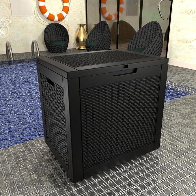 31 Gallon Outdoor Deck Box,Storage Lockable Waterproof Patio Furniture,Garden Tools,Cushions,Pool Accessories Outside Storage Resin Box(Black)