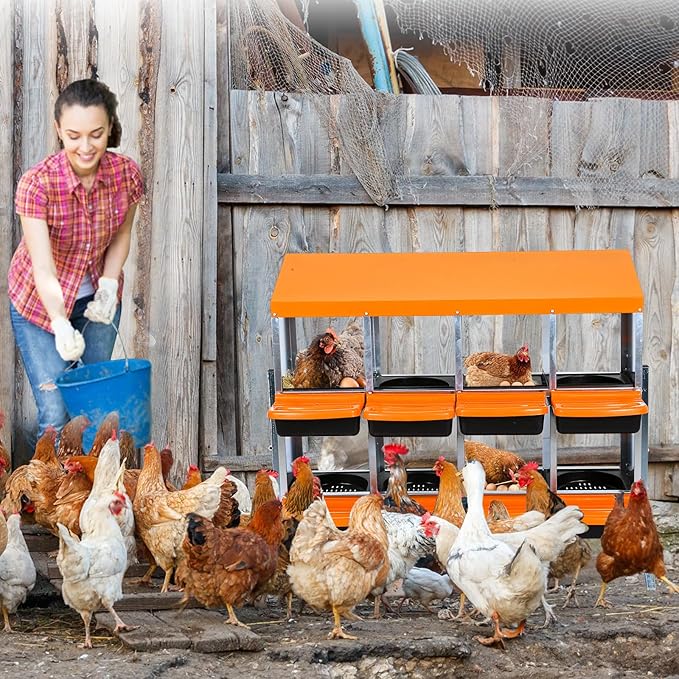 8-Compartments Chicken Nesting Boxes with Roll Out Egg Collection and Large Vented Holes,Metal Nesting Boxes for Chickens, Hens, Ducks,Wall Mount/Freestanding Poultry,Orange