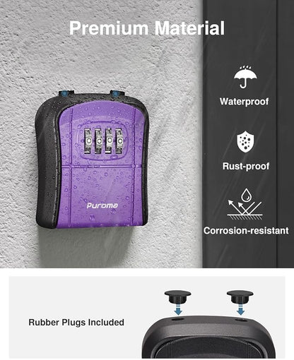 Puroma Key Lock Box Outdoor 4 Digit Code Combination Lockbox House 1 Purple | For Contractors Guest Realtor Storage Keys, Portable, Home Wall Mount, Resettable, Combination, Weatherproof, High-capacity