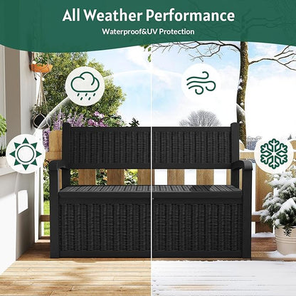 70 Gallon Outdoor Storage Bench, Deck Box Bench with Armrest, Lockable Outside Benches with Storage, Deck Boxes Waterproof for Pool Patio Garden (Black)
