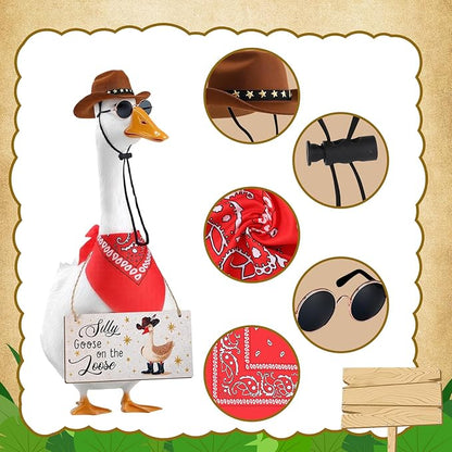 4pcs Western Cowboy Porch Goose Outfits, Silly Goose on The Loose Hangings Sign Cowboy Hat Bandana Glasses for 17 or 23 inches Statue Outdoor Patio Yard Lawn Art (Brown, Red)