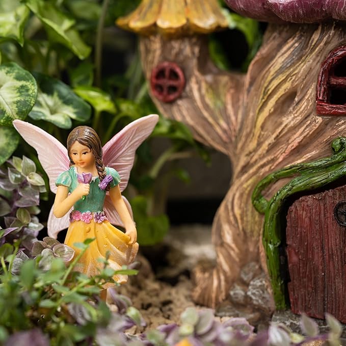 PRETMANNS Fairy House Kit - Fairy Garden Accessories for Outdoor Miniature Village Decor, with Fairies & Sign - House, 7 ‘ High & Door can Open Wide - 4 Piece Supplies