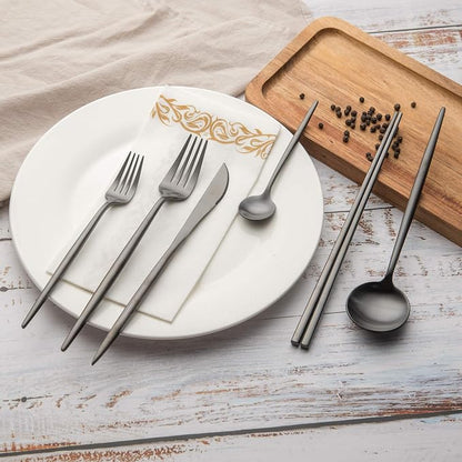 KiiZYs Matte Black Flatware Set - 14-piece Modern Silverware Set Stainless Steel Utensils - Metal Chopsticks Kitchen Cutlery Fork Spoon Knife - Dishwasher Safe House Warming Gift Box (Black, 2 Sets)
