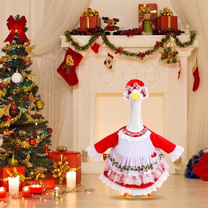 2 Pcs/Set Christmas Mrs. Claus Porch Goose Outfits, Lawn Goose Statue Mrs. Claus Costume, Red Green White Christmas Garden Goose Clothes Dress and Hat for 23" High Statue Xmas Holiday Patio Yard Decor