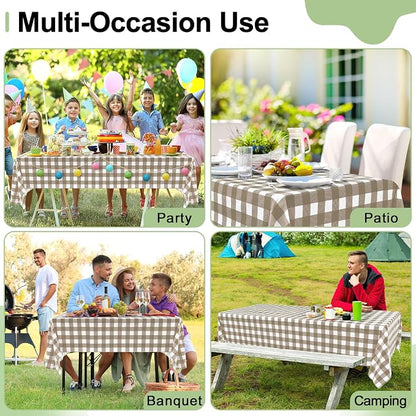20 Packs Buffalo Disposable Table Cloth, 54 x 108 Inch Waterproof Plastic Tablecloth, Rectangle Khaki and White Checkered Table Covers for Picnic, Birthday, Party, Back to School