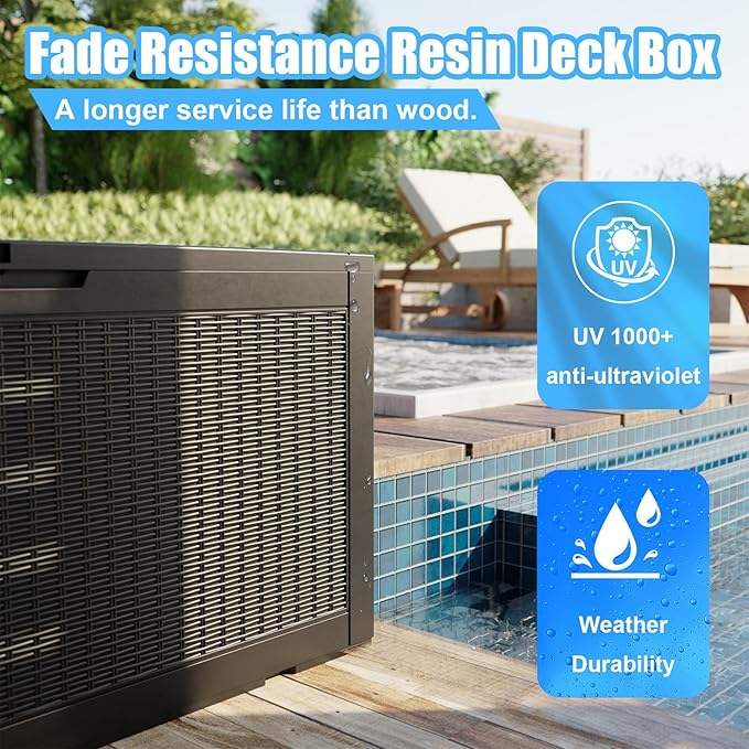 100 Gallon Deck Box,Resin Outdoor Storage Box with Lockable for Patio Furniture, Pool Accessories, Garden Tools Waterproof Outside Storage Box, Black