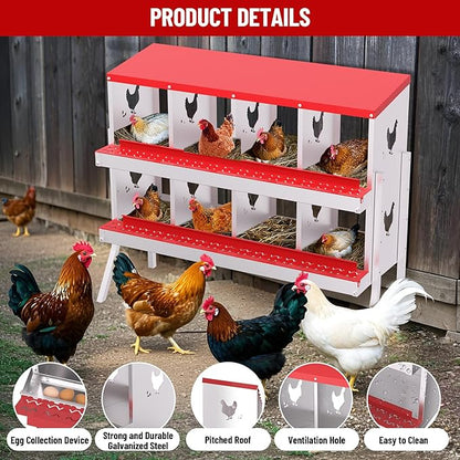 8 Holes Chicken Nesting Boxes, 2 Tiers 8 Compartments Metal Egg Laying Boxes with Legs, Wall Mount or Free Standing, Ventilated for Chickens, Hens, Ducks, Farm, Yard, Poultry Coop Accessories, Red