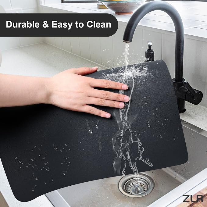 ZLR Coffee Bar Mat for Espresso Machine, 12"x20" Medium, Black | Absorbent Dish Drying Mat, Stain-Hiding PU Top, Non-Slip Back, Fits Grinder, Knock Box, Tamper & Milk Frother