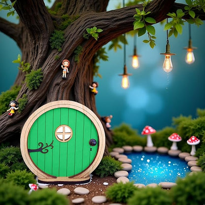 1Pc Fairy Garden Door for Tree, Fairys Doors for Trees Outdoor and Tree Trunk, Mini Fairy Garden Sculpture Lawn Ornament Decor, Fairys Tales Door Decoration，Gardens Miniatures (Green)