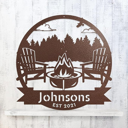 RealSteel Forest Campfire Monogram, Custom Home & Wall Décor, Personalized Sign, Outdoor Campsite, for Backyards, Deer Leases, Campgrounds, and Fire Pit area