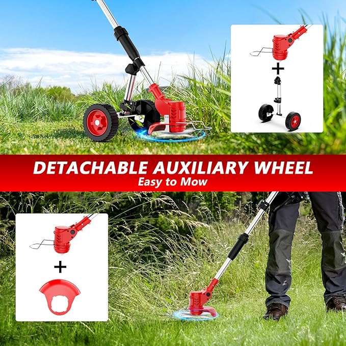 Electric Weed Wacker Cordless with Wheels,21V 2×2000mAh Weed Eater Battery Powered, 6-inch Cordless String Trimmer with 3 Types of Blades, Electric Grass Trimmer,Lawn Edger, Mower for Yard,Garden