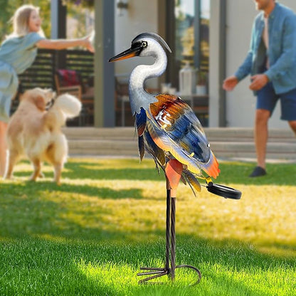 HONGLAND Solar Heron Metal Crane Statue Garden Heron Sculpture, Glass Outdoor Crane Yard Art Coastal Ocean Bird Decor 24 Inch Lawn Ornament for Backyard Porch Patio Decor（Purple）