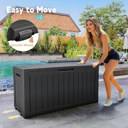Outdoor Storage Box, 72 Gallon Deck Box Waterproof, Resin Patio Storage Bin for Package Delivery, Patio Furniture Cushion, Garden Tools, Pool Accessories, Weatherproof, Black