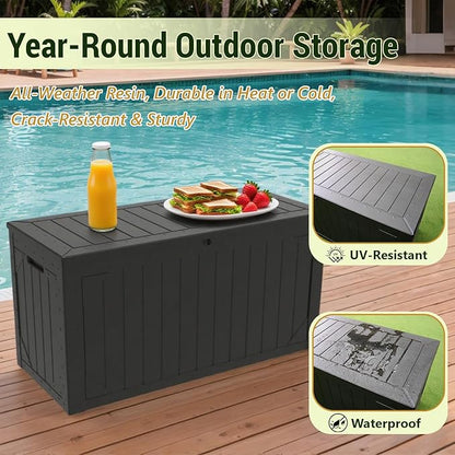 Outdoor Storage Box, 100 Gallon Deck Box Outdoor Storage Bench Outside Waterproof Resin Storage Bench, Lockable Patio Cushions, Garden Tools Storage For Furniture, UV Resistant(Black)
