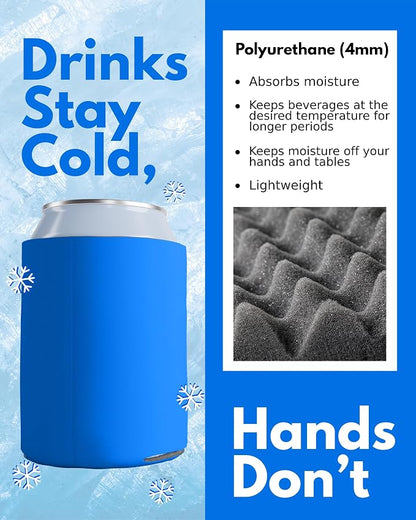 PartyPrints 25 Pack Cerulean Blank Can Cooler Sleeves, Customizable Bulk Insulated Foam for Beer, Collapsible Plain Drink Holder, Cold Soda Insulator, 12oz Regular, 16oz Tall Cans