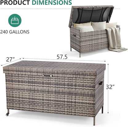 AVAWING 240 Gallon Wicker Deck Box, Outdoor Storage Box with Portable Wheels and Handles, Waterproof Patio Rattan Container for Garden, Balcony, Yard (Grey)