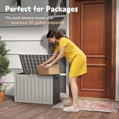 Outdoor Storage Box, 50 Gallon Deck Box Waterproof, Resin Patio Storage Bin for Package Delivery, Patio Furniture Cushion, Garden Tools, Pool Accessories, Weatherproof, Grey
