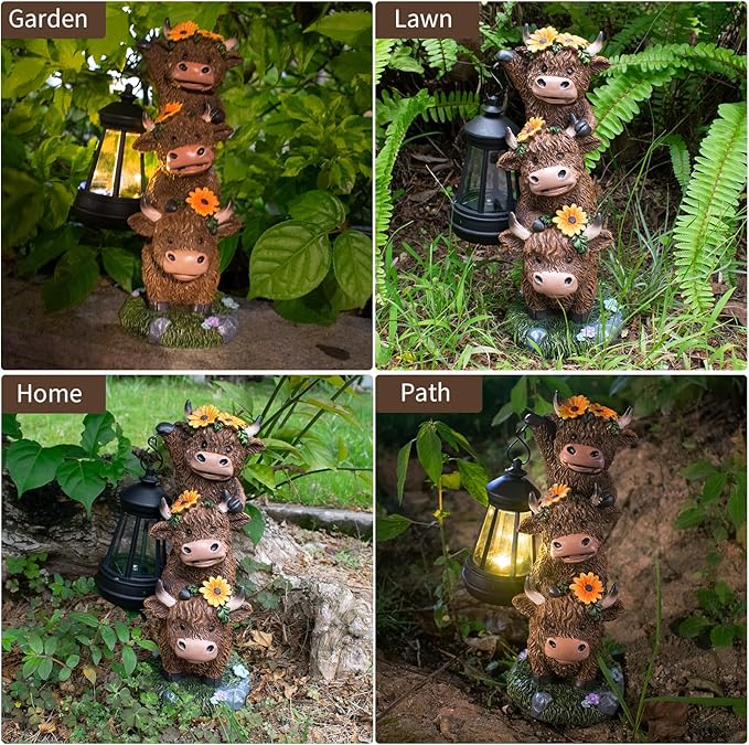 Solar Three Highland Cow Statues Outdoor Garden Decor with Latern Funny for Yard Lawn Ornaments Porch Patio Balcony Home Birthday Easter Gifts for Women Grandma Mom