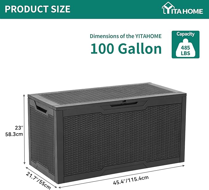 YITAHOME 100 Gallon Outdoor Storage Box, Large Water Resistant Resin Deck Box, Indoor Outdoor Lockable Storage Container for Patio, Garden, Cushions, Tools, Equipment (Black)