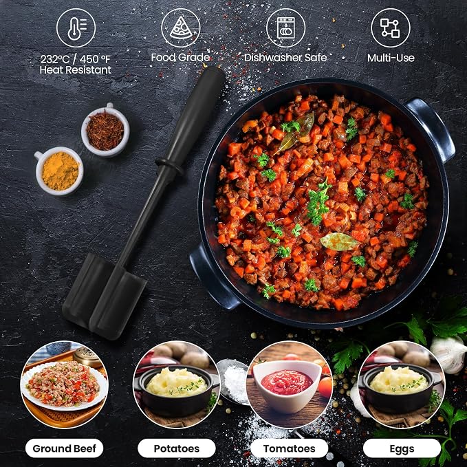 CUNSENR Premium Meat Chopper - 5 Curve Blade Ground Beef Smasher Tool - Heat-Resistant Nylon Meat Masher for Ground Beef, Hamburger, Potatoes - Non-Stick Ground Meat Chopper for Easy Mixing - Black