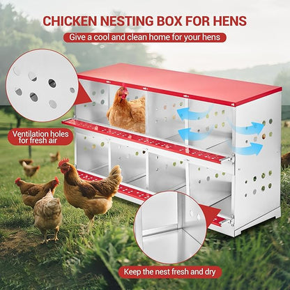Heavy Duty Metal Chicken Nesting Box – 8 Compartments, Rollaway Egg Tray, Swing Perch, Easy Collection, Cleaning, Wall Mount, for Hens & Ducks, Without Cover-Red, 128×48×71cm